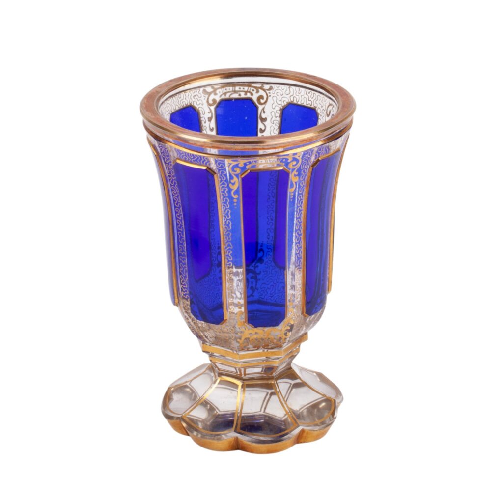Cobalt blue Bohemian art glass goblet attributed to Moser with gilt ornament