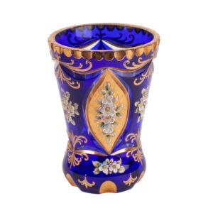 Cobalt blue Bohemian art glass beaker with gilded and enamel floral decoration
