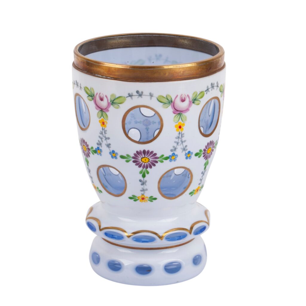 19th-century opaline glass vase with floral garlands blue reserves and gilt decoration