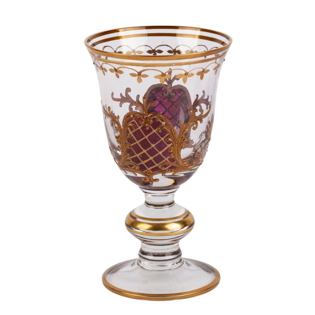 19th-century Bohemian glass goblet with gilt scrollwork and violet lattice decoration
