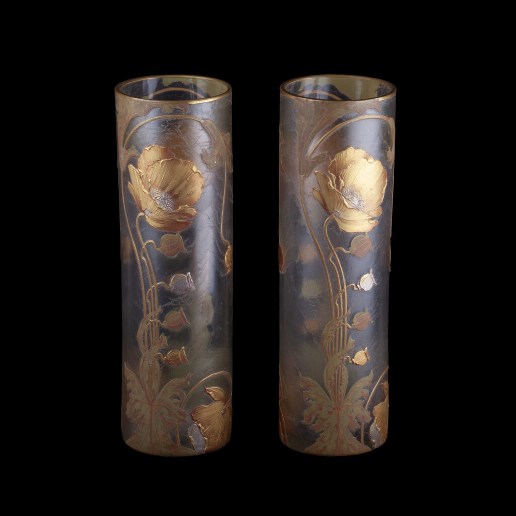 Pair of Mont Joye Legras Art Nouveau Glass Vases with Gilt Poppy Decoration, circa 1900