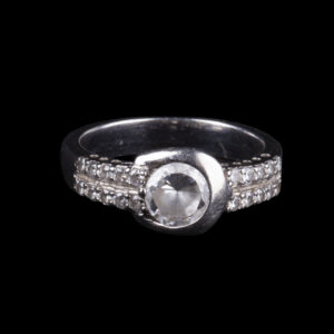 925 Sterling Silver Ring with Large Round Clear Stone and Double Rows of Small Stones