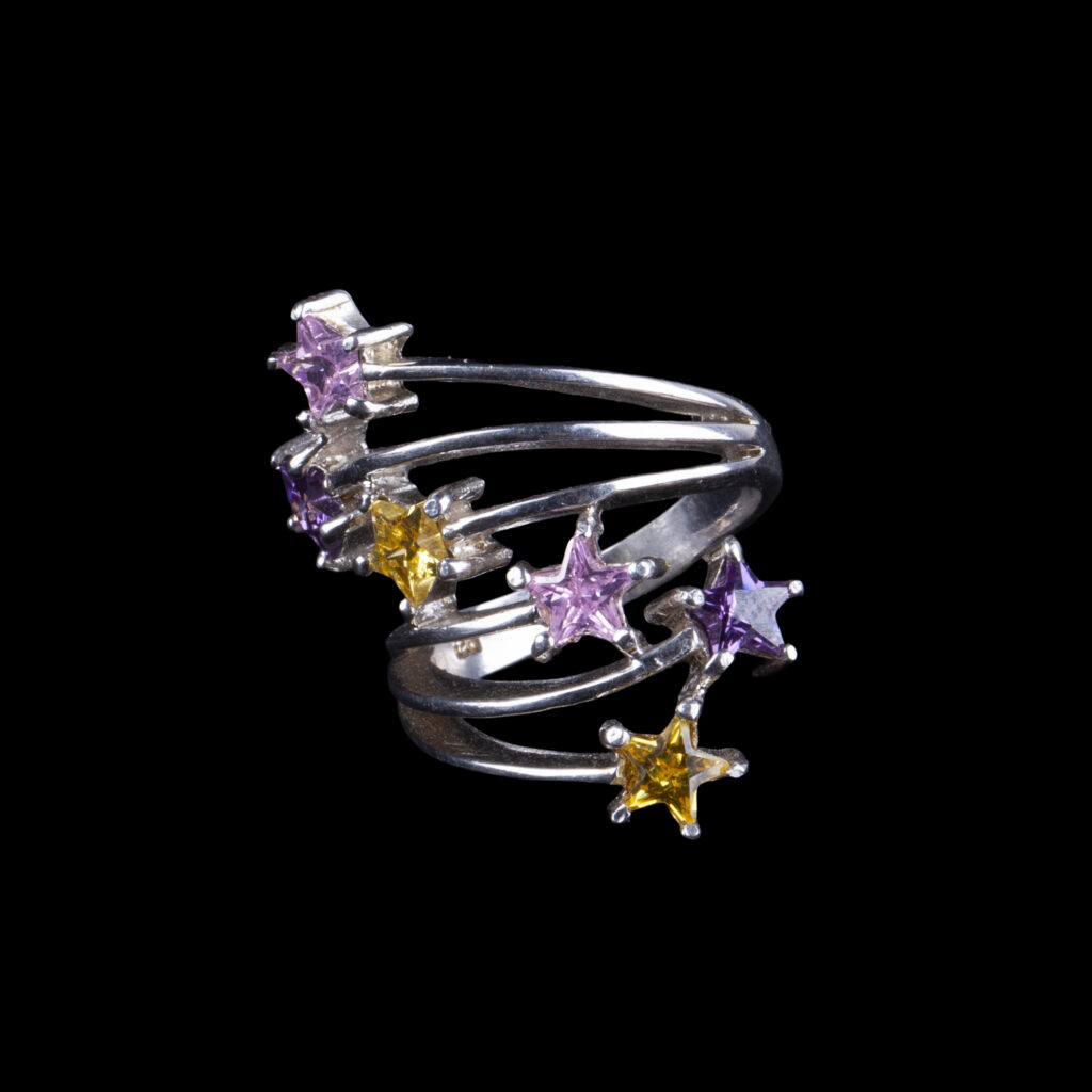 925 Sterling Silver Multi-Band Ring with Pink, Purple and Yellow Star-Shaped Stones